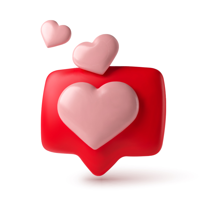 Three-dimensional caption icon with hearts